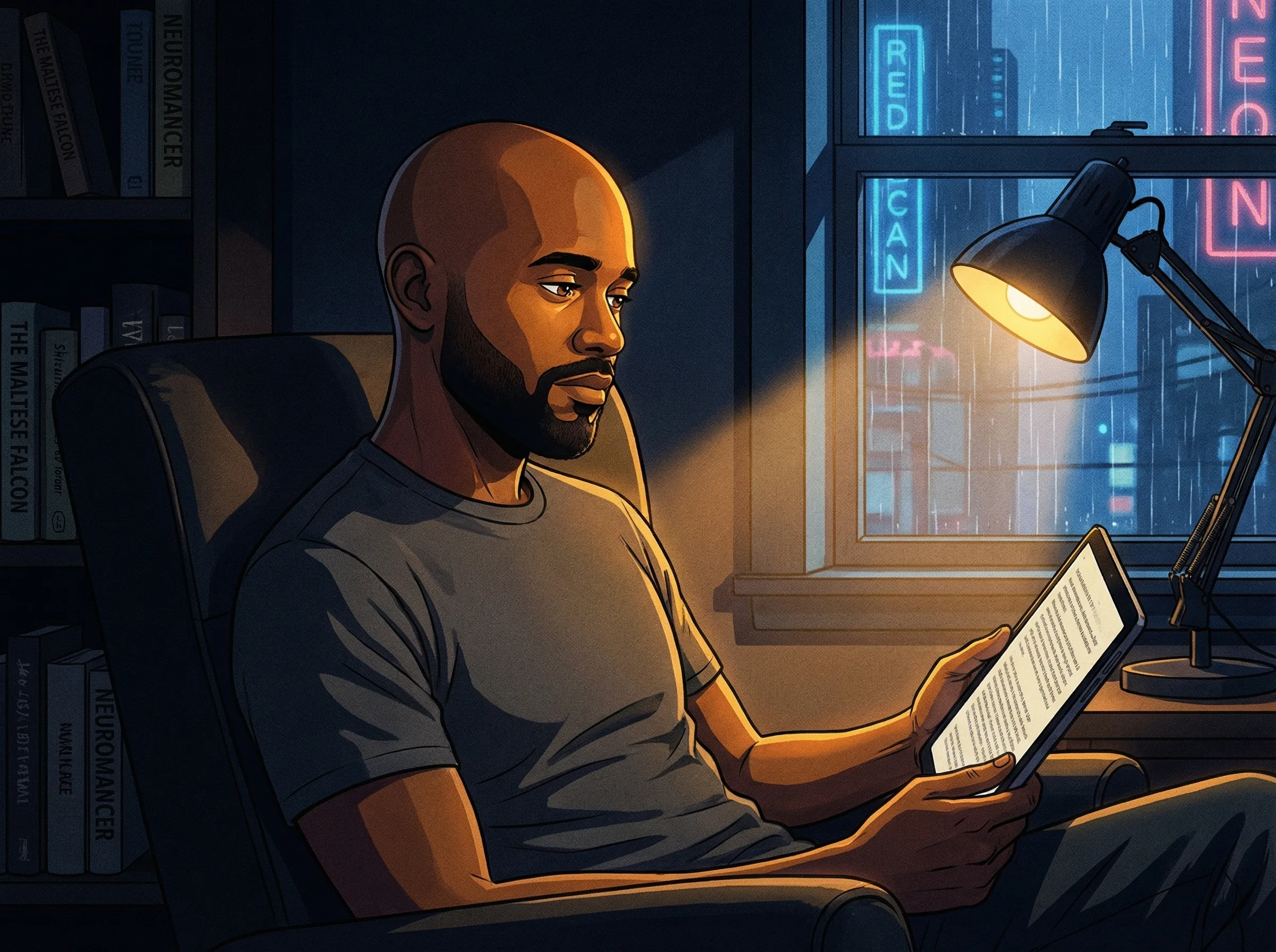 Reading and writing scene with warm lighting