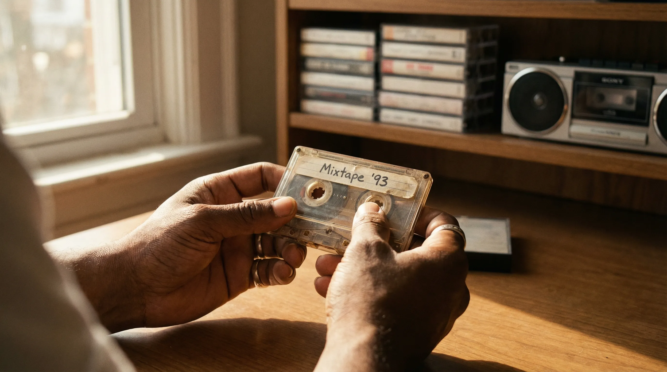 Hands carefully handling a vintage cassette tape, emphasizing the tactile nature of analog creation