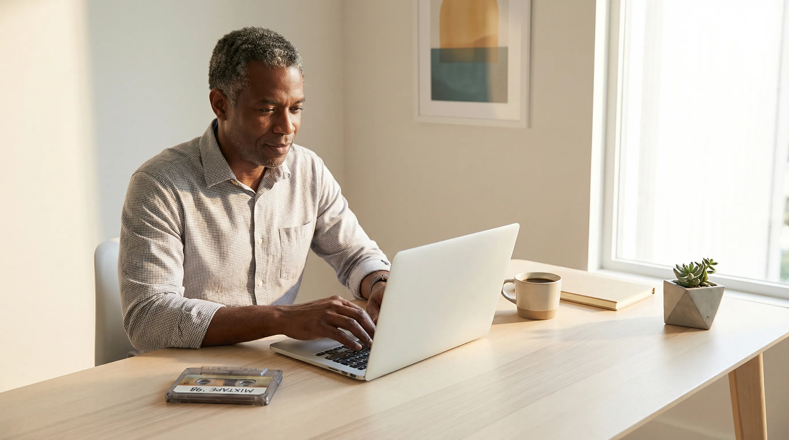 Modern workspace bridging analog roots with digital tools, showing technology used with warmth and intention